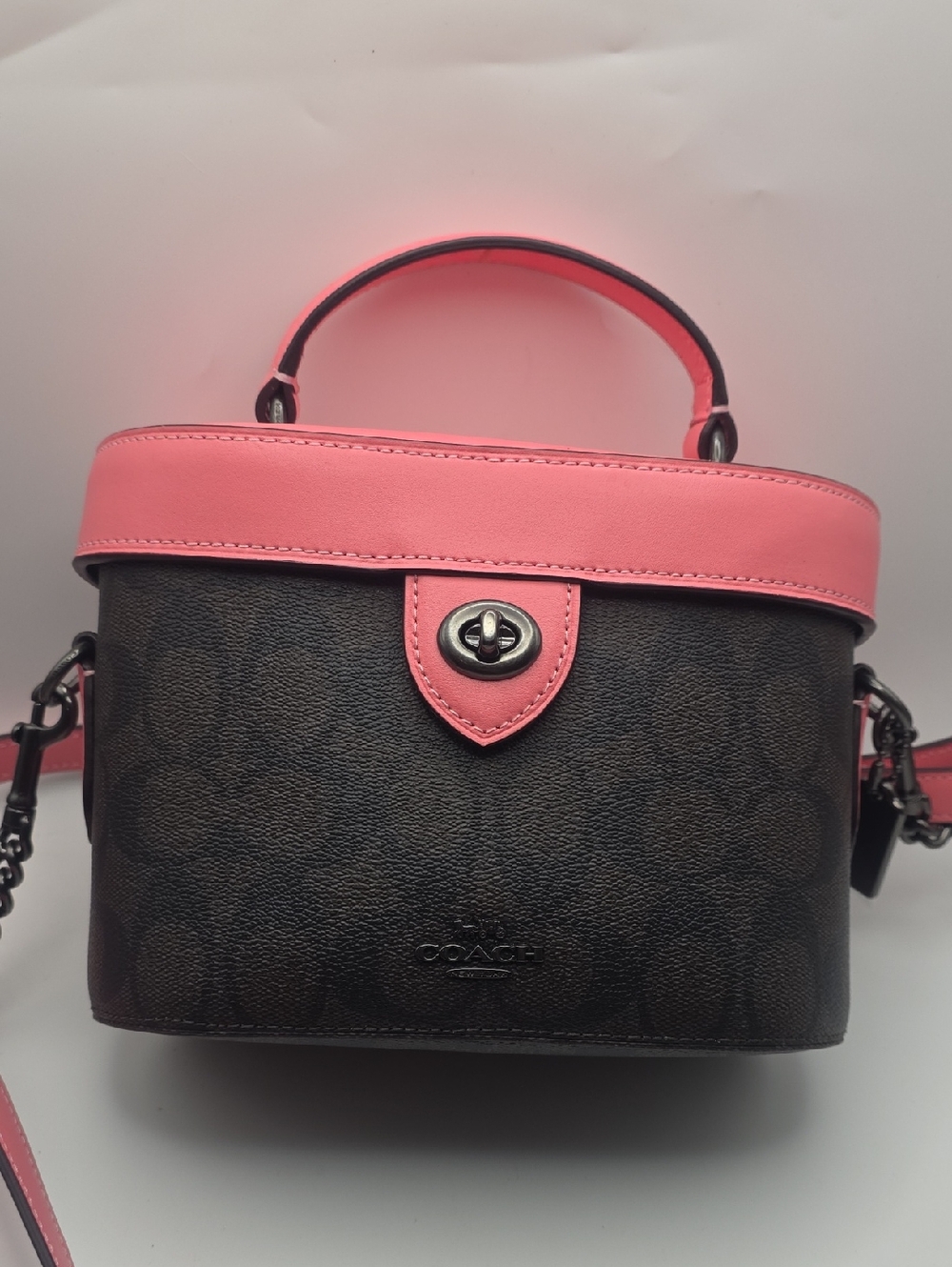 COACH Kay Signature Turnlock Gunmetal Brown Pink Lemonade Crossbody Bag